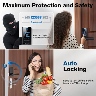 Fingerprint Door Lock, 6-in-1 Keyless Entry Lock with Handle, Touchscreen Keypad, Bluetooth APP, Auto IP65, Easy Installation, Electronic Digital Smart for Front Door