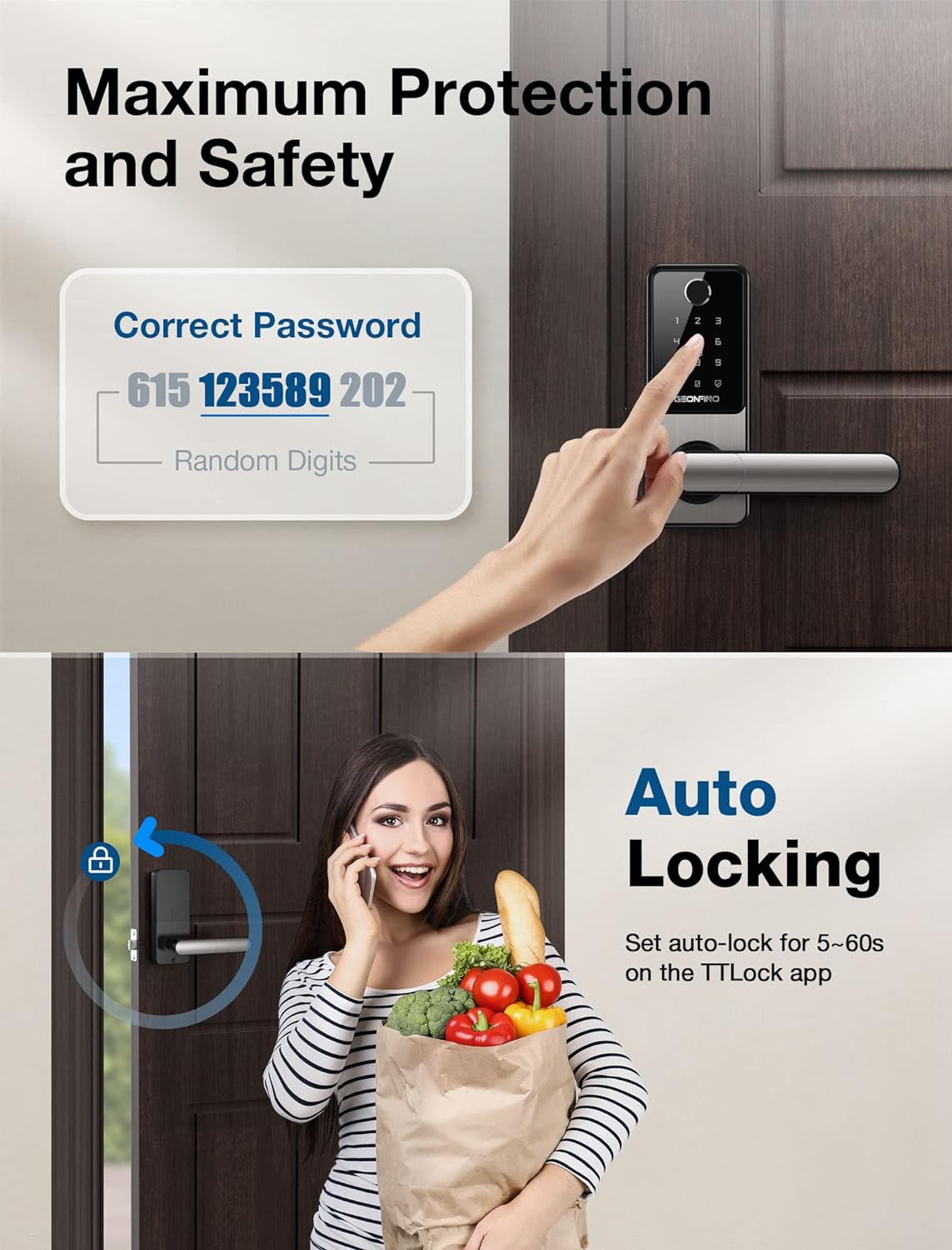 Keyless Entry APP Smart Lock with Anti-Peeping, with Handle, Fingerprint Bluetooth Electronic Digital Biometric Smart Lock for Front Door, Home, Apartment