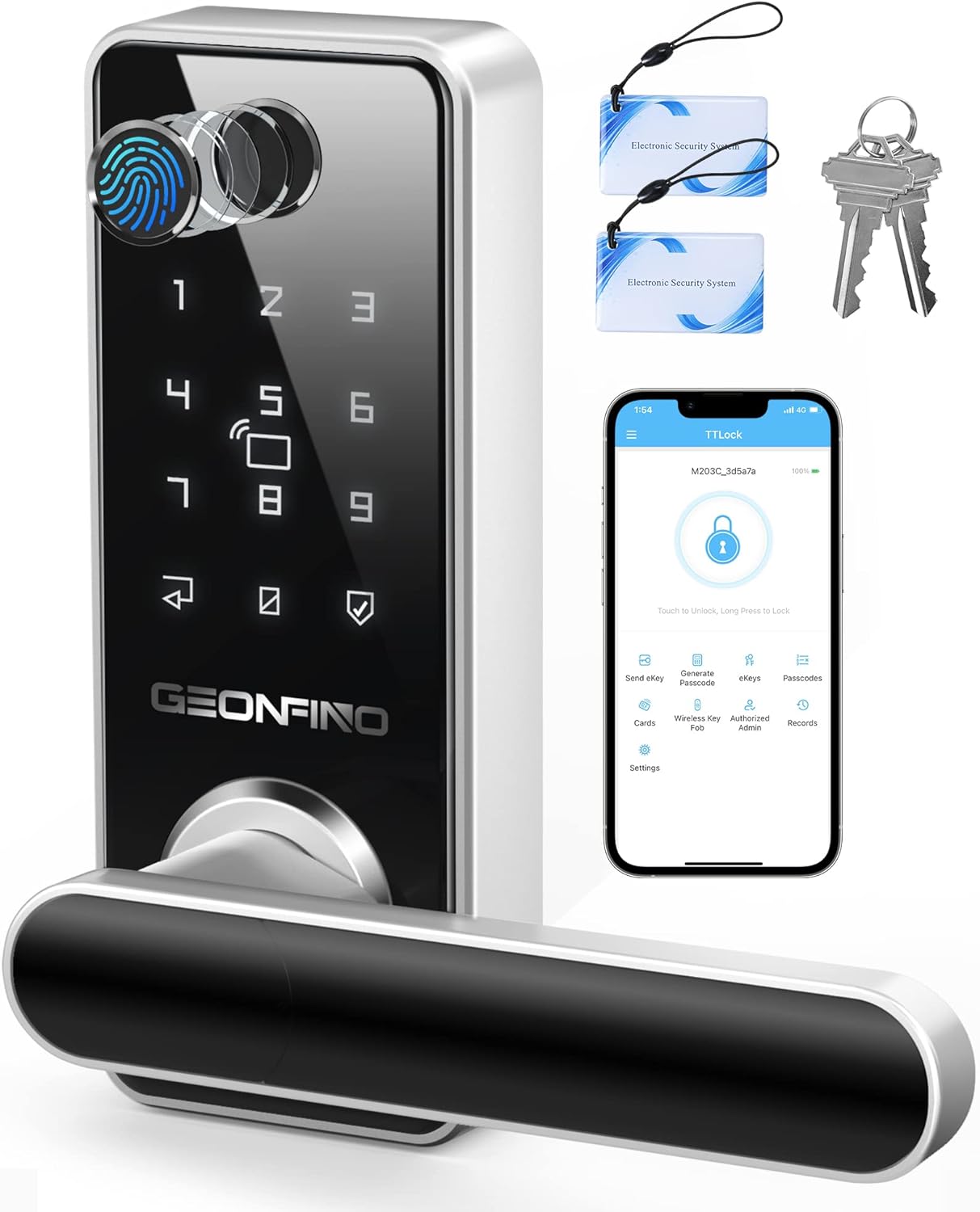 Front Door Fingerprint Lock, 6-in-1 Keyless Entry Lock with Handle, Touchscreen Keypad, Bluetooth APP