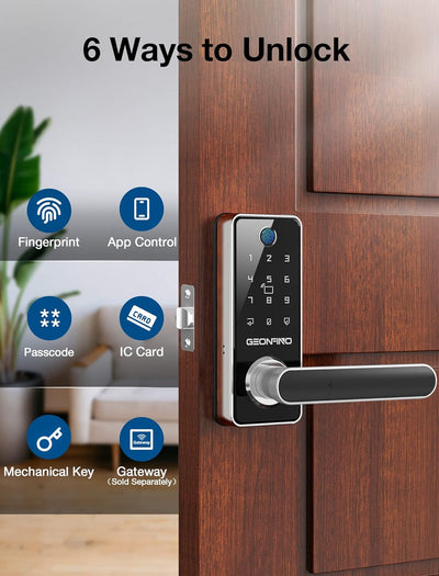 Front Door Fingerprint Lock, 6-in-1 Keyless Entry Lock with Handle, Touchscreen Keypad, Bluetooth APP