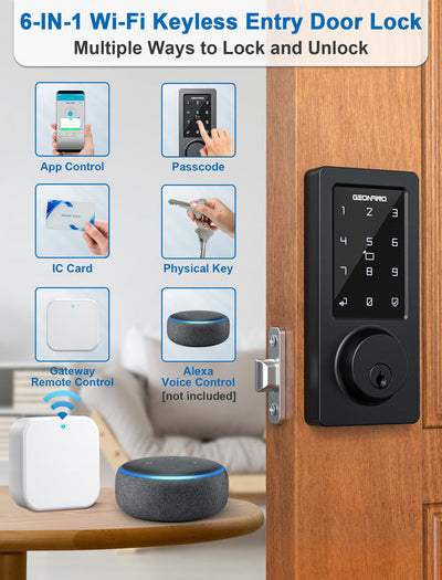 GEONFINO WiFi Smart Lock - Keyless Entry Door Lock with G2 Gateway, Electronic Keypad Deadbolt - Compatible with Amazon Alexa, Remote Control for Front Door Security